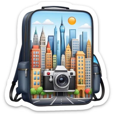 Icon for Urban Tourism: city skyline with iconic buildings, a camera and a backpack. The icon should represent the exploration of urban destinations, with elements like streets, landmarks, and vibrant city life. Transparent background. sticker