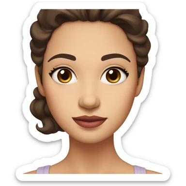 The woman has soft features, fair skin, and almond-shaped eyes. Her defined eyebrows and natural pink lips frame her face. Her dark, wavy hair is partly tied back, giving her an elegant yet relaxed look. Her expression is warm and serene.
 sticker