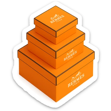 Add the Hermès logo to the center of each box in a 3D stack of orange Hermès boxes. All boxes should have the same square shape and proportions but different sizes. The style should be minimal, on a white or transparent background. sticker
