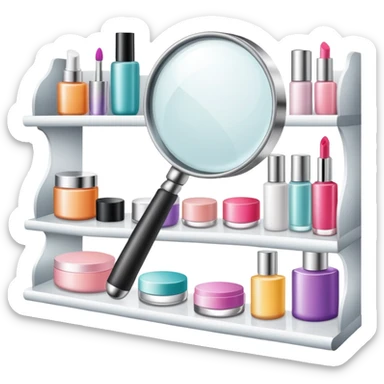 magnifying glass over beauty product shelf, searching for last item sticker