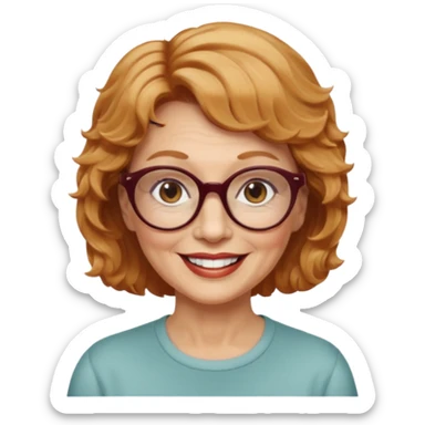 woman 70 years old, very short strawberry blonde weavy hair, brown eyes and round dark glasses smile sticker