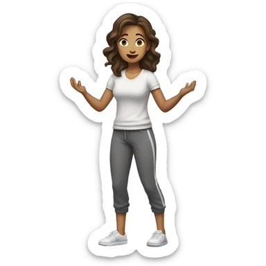 A woman in sweatpants and a t shirt standing up, full body view she is holding her arms out as if se is handing someone something, brown hair side profile  sticker