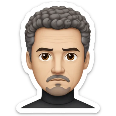 Man in his 50s with light brown complexion. Strong square jaw. Stern dark eyes with intense gaze. Thick eyebrows in a focused expression. Black goatee with gray streaks. Short curly dark hair with receding hairline. No smile, authoritative look. Wearing a black turtleneck. sticker