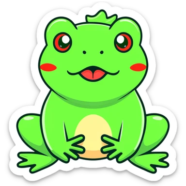 Exaggerated cartoony green frog with big bulging cross-eyes and long tongue sticking out, comic-style with silly expression sticker