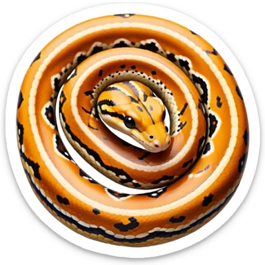 A photo-realistic top-down view of a Ball Python gently coiled into a tight spiral, with its head resting peacefully at the center. Its scales are warm brown with bold, irregular black markings, including the distinctive “alien-head” pattern, flowing smoothly along its body.  sticker