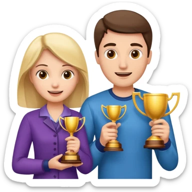 Create an emoji that reflects man & woman that is happy, and that asks a lot of questions and have trophy all around him & her sticker