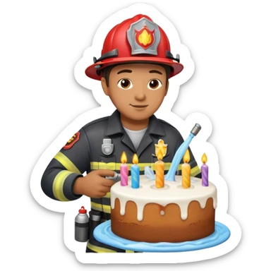A firefighter extinguishing a party sticker
