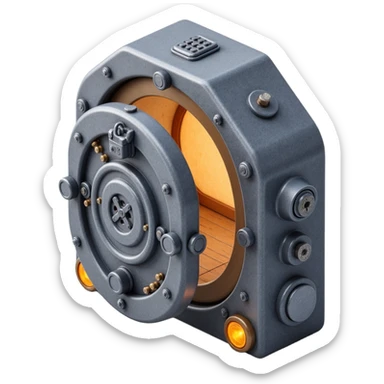 Enhance the bank vault door to look even more secure with extra locking mechanisms, reinforced metal, digital keypad, security cameras, and warning lights. Use skeuomorphism style with realistic metallic textures and a 3D effect to emphasize solidity and security. sticker