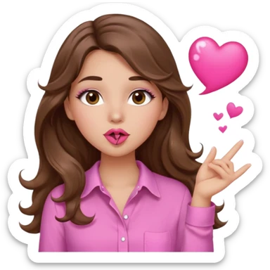 girl with long wavy brown hair, brown eyes, light to medium complexion, in a pink shirt, pink lips, long lashes, blowing a kiss sticker
