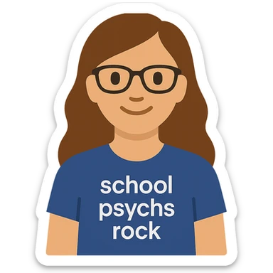 Create a flat color icon of this person wearing a t-shirt with 'school psychs rock' written on it. The style should have clean lines, be minimalistic, and have a professional icon look. sticker