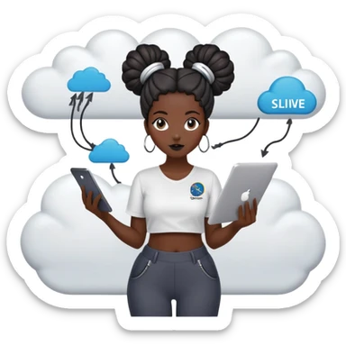 Gender: Female Hair: Space buns with SQL query hairpins Face: Dark circles from 72hr data validation Clothes: Stretchy pants with "Go-Live Survivor" slogan Action: Dragging legacy data into cloud migration funnel sticker