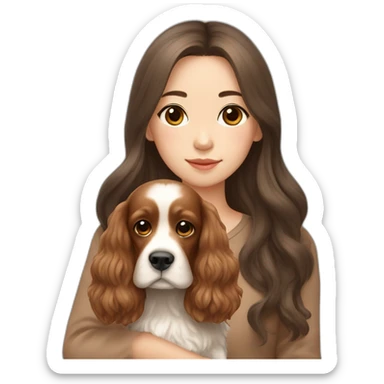 korean girl in long brown hair sits with tan cocker spaniel sticker
