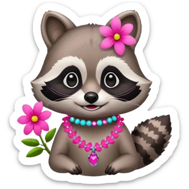 A playful raccoon wearing a neon-pink flower necklace, looking festive. sticker