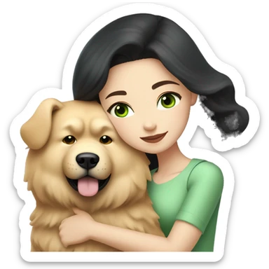 pretty woman with pale skin, very long black hair and green eyes and light pink outfit hugging a beige fluffy chow chow dog sticker