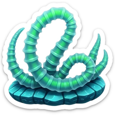 3D render of Crystal Cave Worms, bioluminescent deep sea style, glowing neon blue and green lights, dark background to contrast the glow, translucent organic textures. sticker