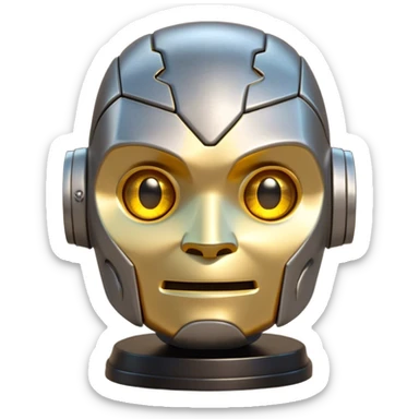 Cinematic Cute Mighty Iron Golem Portrait Emoji Head tilted playfully and inquisitively, featuring a sleek yet sturdy metal form with smooth, polished steel plating and glowing golden engravings, accented by faintly humming energy veins that pulse with life; rendered with lifelike clarity and soft, natural reflections, high shine, charming yet robust, styled with a touch of whimsical fantasy, soft glowing outline, capturing the essence of a watchful yet endearing golem, as if it might shift its massive head with a slow, thoughtful nod at any moment! sticker