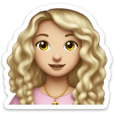 Witchy darkblonde haired darkgreen eyed light freckles white girl with a witty smile a gold necklace and a pink witch hat sticker
