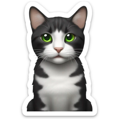 Cat with black fur all over but a white stripe down his nose, green eyes, cuts in his ears, and a white chest v shape. Thee should be a small patch of white under the noise, above the lip sticker