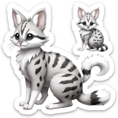 stormcell charcoal fur crackling with silver frost-veins and ghost-dust sheen Hyper-realistic beautiful elegant pretty precious cute  Fakémon-Pokémon-opossum-feline-serval-caracal-chinchilla-Furret-Minccino-hybrid-creature with a big fluffy bushy tail (full body) sticker