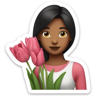 Girl with dark hair take a tulips sticker