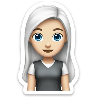 A girl with fair skin, blue eyes, long black hair and a white T-shirt with a cutout sticker