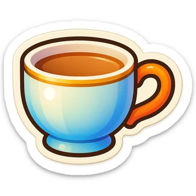 Hermès-style ceramic cup of tea, minimal design, Hermès orange handle, gold rim, cute emoji style, different lighting, on white or transparent background sticker