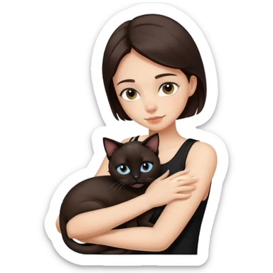 girl with dark brown hair, wearing a black sleeveless top, hugging her siamese cat. sticker