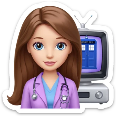 beautiful barbie girl with long brown hair, blue eyes and wearing light purple clothes watching tv show doctor who sticker