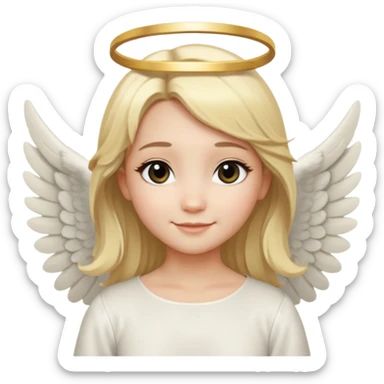 милая девушка ангел с нимбом и крыльями, с блондинистыми прямыми волосами по плечи, с черными макияжем глаз, тонкими бровями, с улыбкой, в стиле Apple avatar sticker