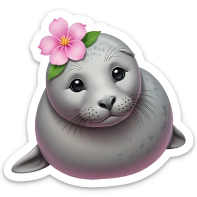 A small slim grey seal resting gracefully on a sandy beach, with a delicate pink flower placed on its head sticker