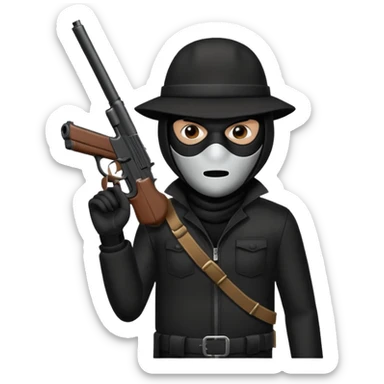 A black male in a robber mask with a gun sticker