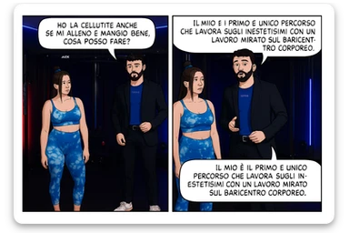 TRASFORMA QUESTO CAROSELLO IN UN FUMETTO CON QUESTE DUE PERSONE IDENTICHE CHE INTERLOQUISCONO TRA LORO:

LEI: Ho la cellulite anche se mi alleno e mangio bene, cosa posso fare?

LUI: Hai controllato il tuo baricentro corporeo?
Sapevi che se il peso del tuo corpo cade in avanti o da un lato, c’è un disallineamento fra bacino e torace, che comprimendo le coste, limita la motilità del diaframma e l’ossigenazione dei tessuti?
Il mio è il primo e unico percorso che lavora sugli inestetismi con un lavoro mirato sul baricentro corporeo. sticker