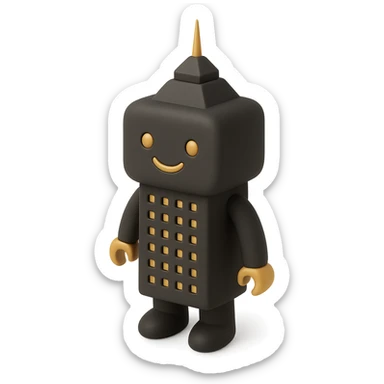 a smiling robot with a skyscraper-like body sticker