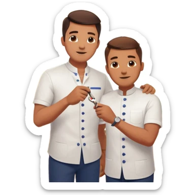 Inside a cozy barbershop with soft lighting, an experienced barber gently teaches his apprentice, guiding his hands as they cut hair together. The room is filled with warmth, plants hanging from the ceiling, and the hum of clippers sticker