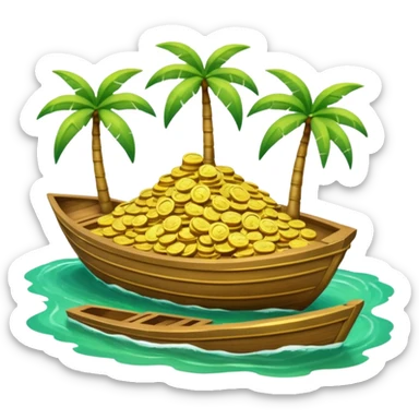 emoji of gold coins on the boat in the sea and an island on the background sticker
