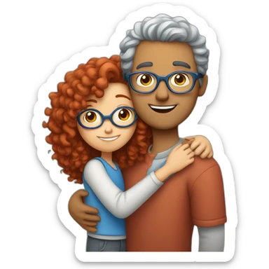a girl with red curly hair and blue glasses hugging a boy with gray hair sticker