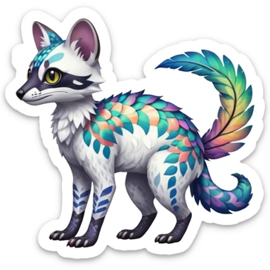 Rare iridescent white exotic epic aesthetic colorful Trico-Genet-species-Fakemon-hybrid-creature, with intricate tattoo markings, full body sticker