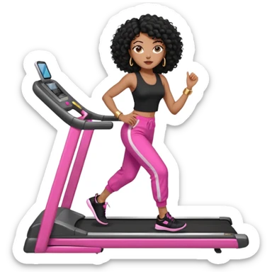 Black woman, adult, 4C black curly hair, dark brown eyes, wearing black top, pink pants, black sneakers, gold hoop earrings na esteira sticker