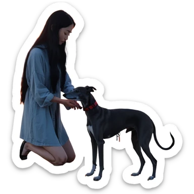A very beautiful and attractive 25-year-old Japanese woman with long flowing black hair gently petting a SOLID DARK GREY whippet on a beach during a beautiful sunset. The woman's hand is lovingly stroking the whippet. The whippet MUST be COMPLETELY SOLID DARK GREY with ABSOLUTELY NO WHITE MARKINGS ANYWHERE - no white chest, no white face, no white paws, no white tip on tail - ENTIRELY ONE SOLID DARK GREY COLOR throughout the entire dog. Orange and red sunset sky over the ocean, sandy beach in the foreground. sticker