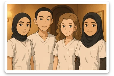 Four nursing students standing side by side in a warm indoor ambiance, styled in Ghibli. They wear white short-sleeved uniform tops resembling medical tunics with V-necks, no collar stand, no undershirts, and bare forearms. The tops have a left chest pocket and no stethoscopes. The scene conveys a warm, friendly atmosphere indoors. sticker