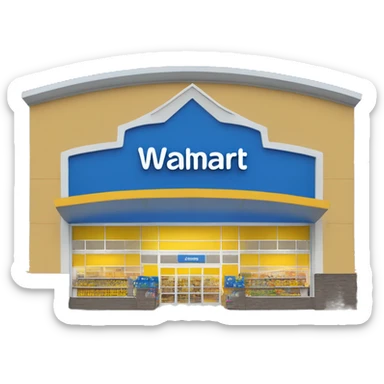 “Exterior of a Walmart store with the sunburst logo above the entrance, blue facade with yellow accents, large sliding glass doors, and shopping carts lined up outside, capturing the look of a busy retail supercenter.” sticker