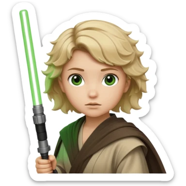 Young jedi with sandy blonde wavy short hair holding a green lightsaber sticker