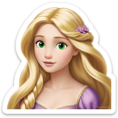 Cinematic Realistic Rapunzel Portrait, with porcelain-like skin featuring a subtle, natural glow, illuminated by soft lighting that brings out the gentle contours of her face. Her long, golden blonde hair cascades in detailed waves, each strand highlighted with a radiant shimmer as it catches the light. Her bright, expressive green eyes exude curiosity and warmth, framed by delicate lashes and soft, arched brows. Her expression is playful and vibrant, with a gentle smile. She is dressed in her classic lavender and pink gown, the fabric textured with delicate folds that flow naturally, catching the light with a soft, radiant glow. The portrait captures a luminous, enchanting aura, seamlessly blending realism with a whimsical, fairytale charm, evoking a timeless sense of beauty and magic. sticker