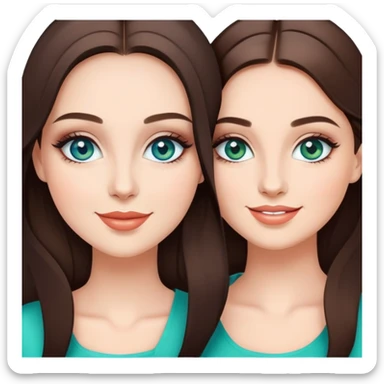 Happy sisters, brunettes, bluegreen eyes, makeup, stylish sticker