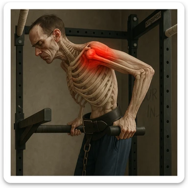 Hyperrealistic 4K image of a very thin man performing a dip on parallel bars, side position as in the reference, showing an expression of shoulder discomfort. Highlighted muscles and bones, painful area marked in red, gym atmosphere. Variant 2. sticker