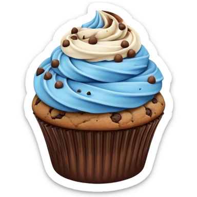 Chocolate cupcake with white and blue mixed frosting with a chocolate chip cookie on top  sticker