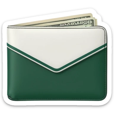 white men's wallet with dark green stripe, white banknotes with dark green details visible, modern minimalism sticker