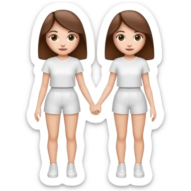 👯‍♀️ generate this emoji, as two white girls, bffs, the same pose but maybe the outfit cuter. we are models. both with brown hair. one girl in white outfit, the other in black sticker