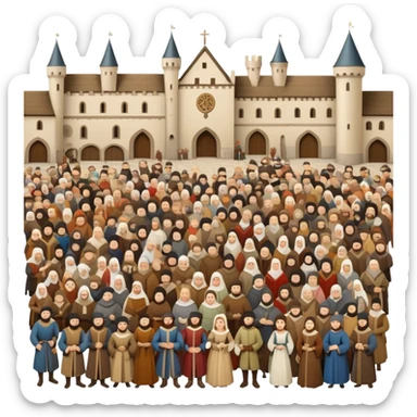 Large crowd of medieval people gathered in town square, mixture of wealthy merchants in fine clothes and commoners in simple attire sticker