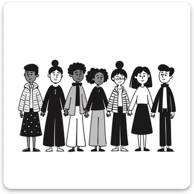 Hand-drawn illustration of people of different skin colors and ethnicities holding hands in a line, symbolizing integration and unity sticker